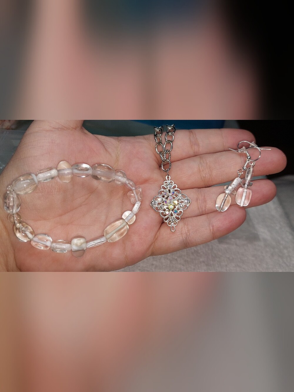 Clear Crystal Glass Bead Bracelet, AB Pendant Necklace & Earrings Set Handmade